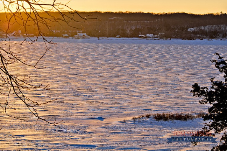 snow covered and frozen mississippi river near nauvoo il