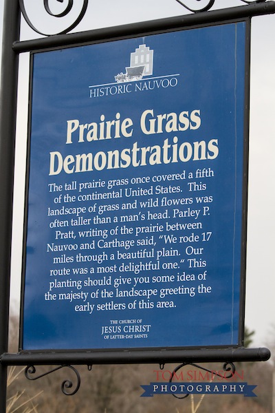historic nauvoo sign at prairie grass demonstration